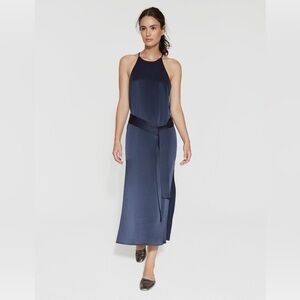 Halston Heritage Navy Halter Midi Slip Dress with Waist Tie NWT